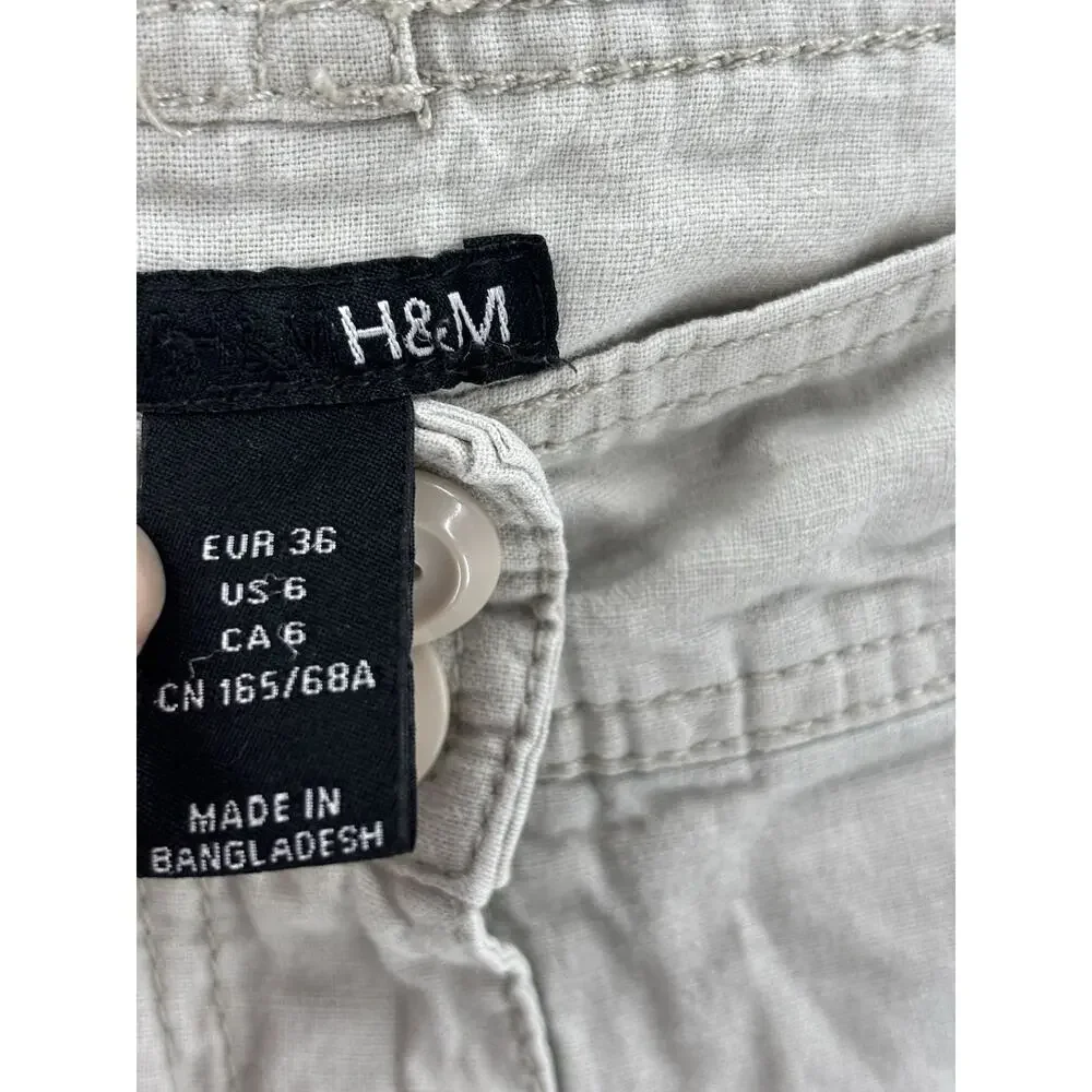 H&M Pants Womens 6 Beige Linen Cotton Pockets Straight Leg Comfort Mid Rise
